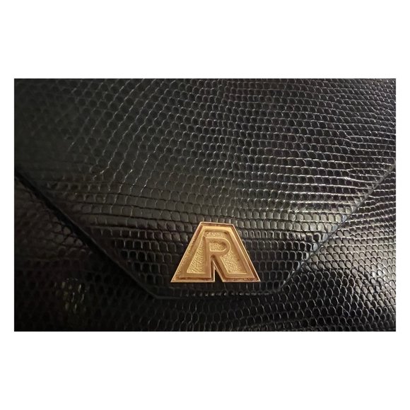 ALEXANDRE REZA Rare Vintage Black Lizard Clutch With Solid 18K Gold Logo - Picture 3 of 5